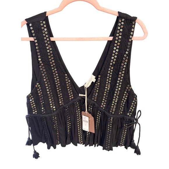 FOREVER THAT GIRL Black Sequin V Neck Peplum Tassel Tie Blouse Top L - Picture 2 of 4